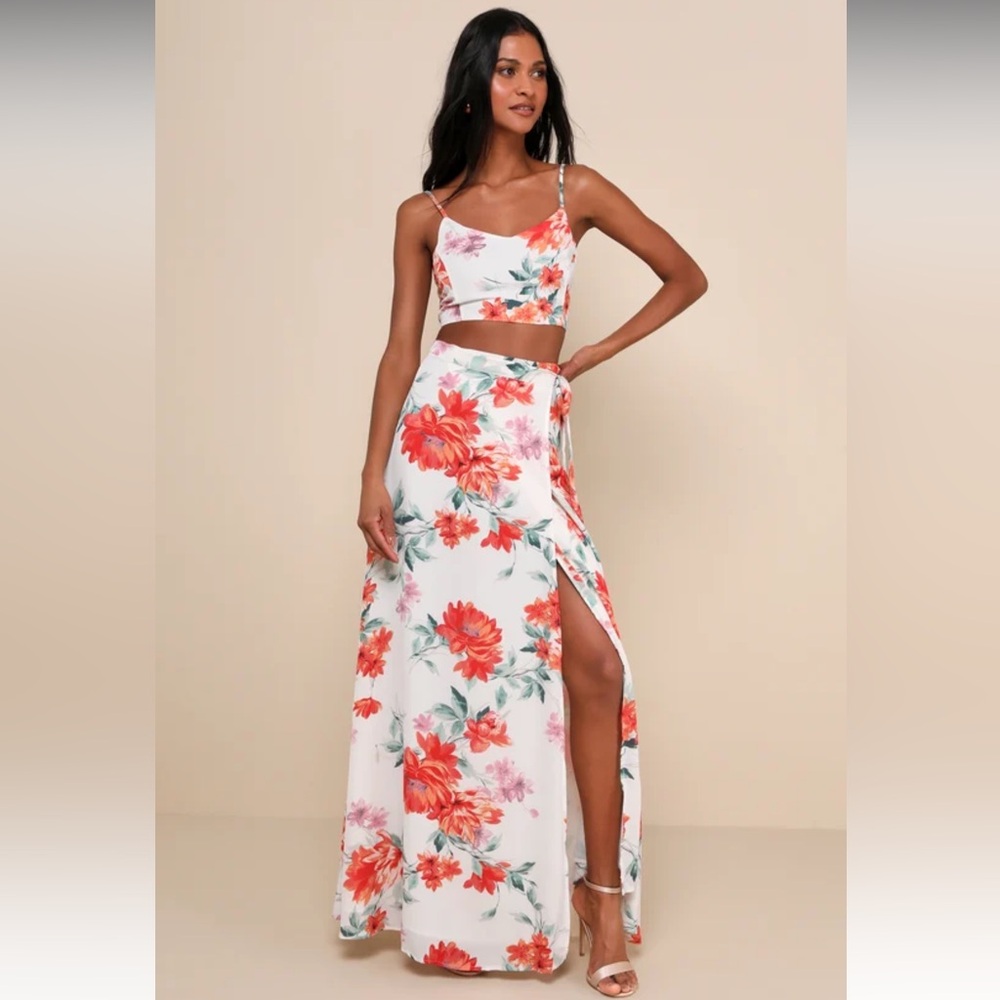 White Floral Print Two-Piece Maxi Dress